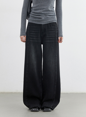 CV大码女装冬新品复古水洗黑色磨白加厚磨毛牛仔裤宽松直筒裤胖mm