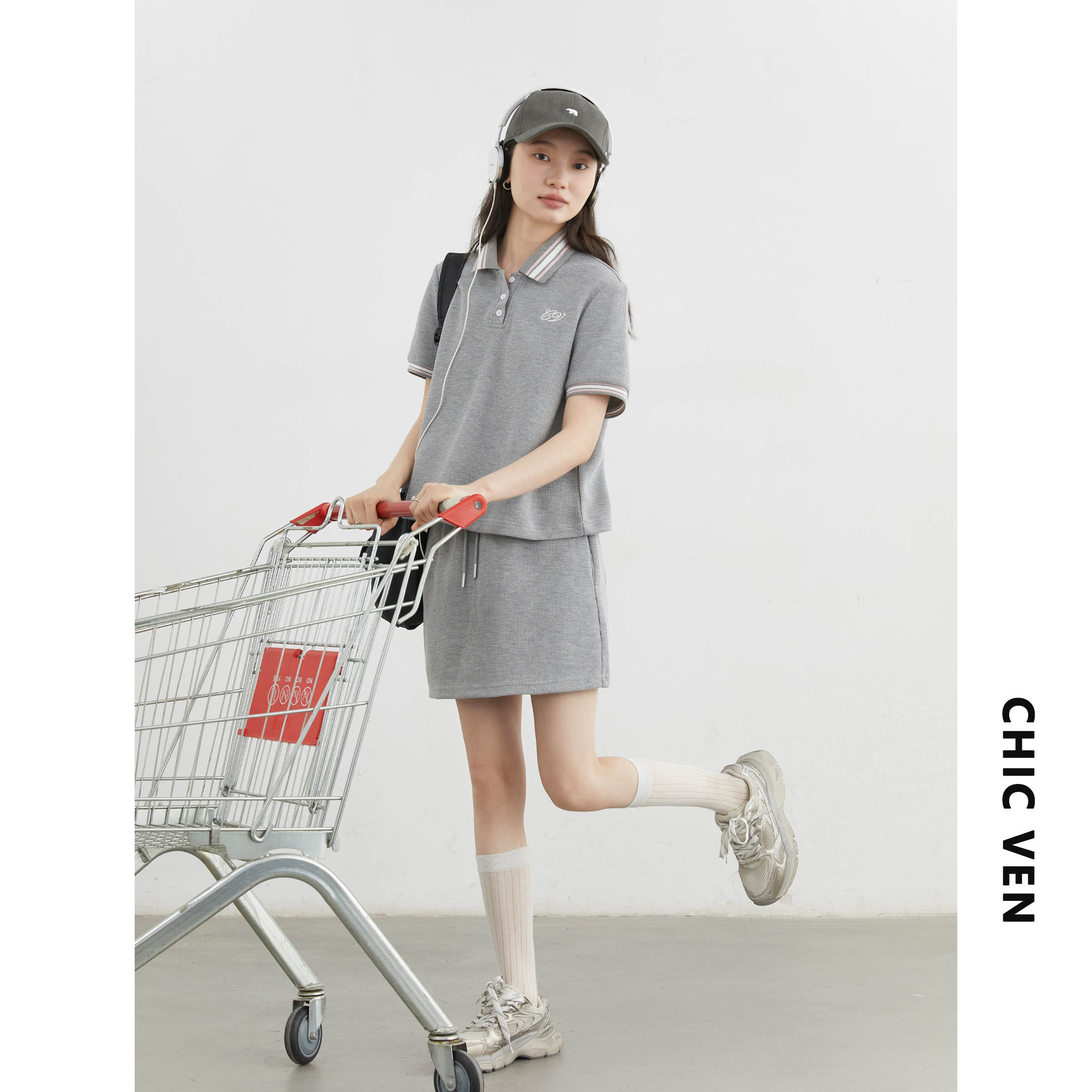 CV大码女装华夫格polo衫短裙套装