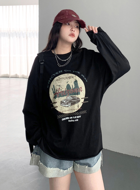 CV大码女装 春季新款街头圆领字母印花长袖T恤宽松内搭上衣女胖MM