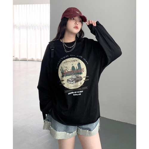 圆领字母印花长袖T恤宽松内搭