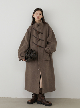 CV大码女装2025秋季新款学院风宽松立领牛角扣毛呢外套长款大衣女