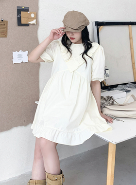 CV大码女装 气质初恋风泡泡袖荷叶边圆领连衣裙女夏季小个子新款