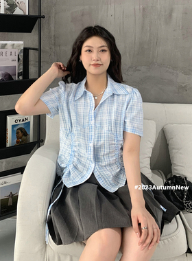 CV大码女装 夏季新款韩版宽松POLO领抽绳印花格纹衬衫上衣女胖MM