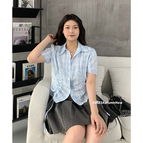 抽绳印花格纹衬衫上衣