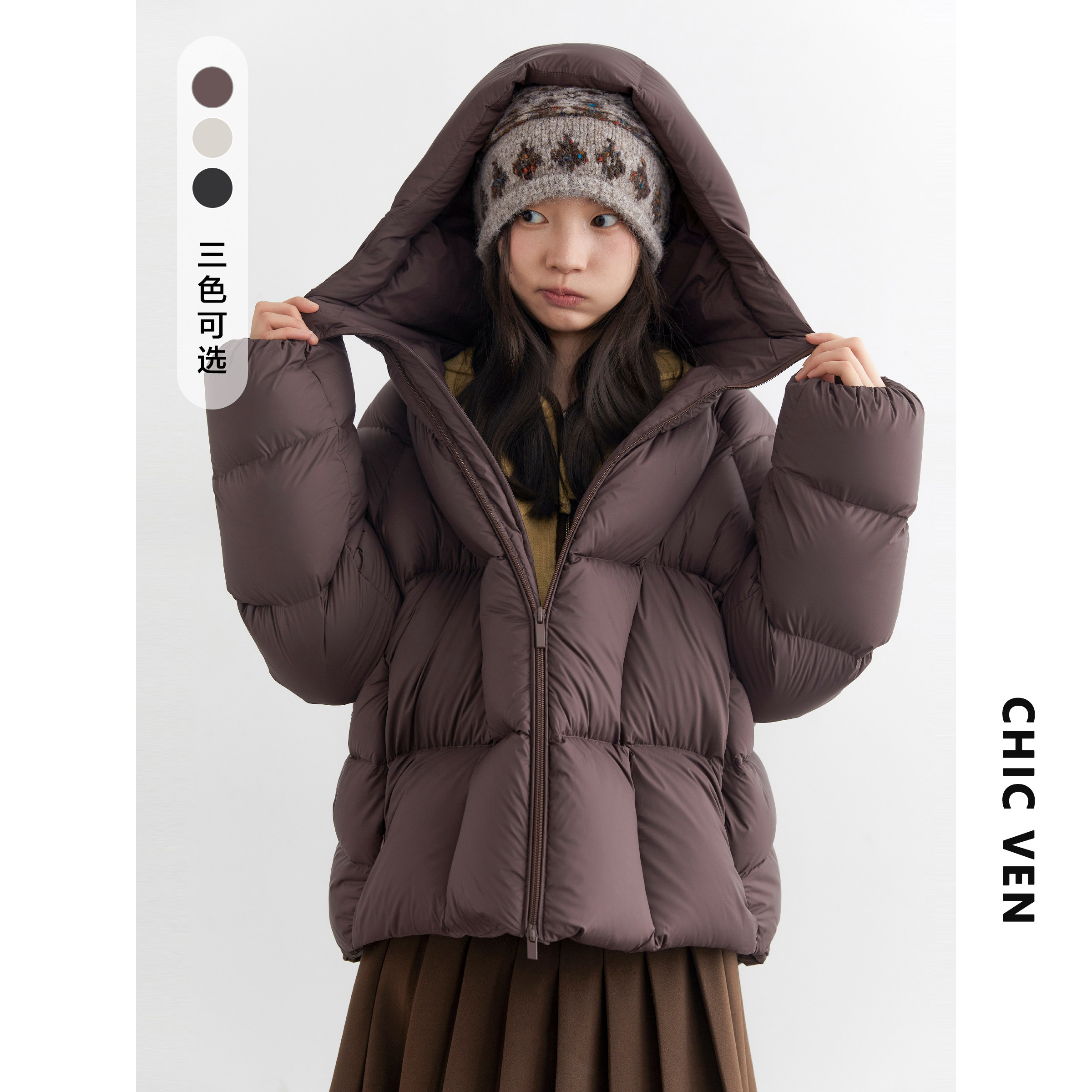 CV大码女装冬新品短款连帽轻柔无胆防绒羽绒服白鸭绒保暖锁温胖mm