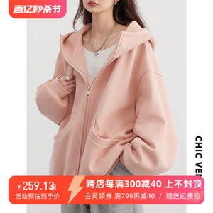 CV大码女装 春季新款连帽弯刀袖加绒卫衣双拉链oversize胖MM外套