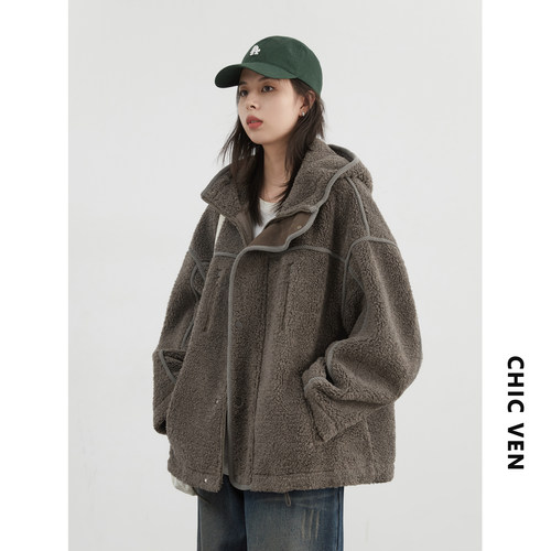 英伦风连帽毛毛外套棉服夹克女