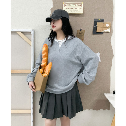 CV大码女装 春季新款韩系撞色拼接假两件刺绣卫衣情侣款上衣胖MM