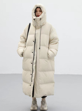 CV大码 小众韩版显瘦胖mm宽松连帽撞色长款保暖羽绒服冬