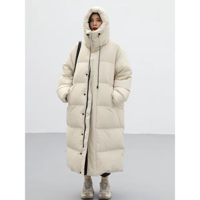 CV大码 小众韩版显瘦胖mm宽松连帽撞色长款保暖羽绒服冬