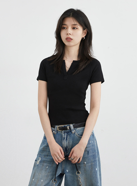 CV大码女装春季新款纯色插肩袖小v领针织短袖T恤修身显瘦女胖妹mm