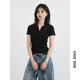 女装 T恤修身 早秋新款 小v领针织短袖 显瘦女胖妹mm 纯色插肩袖 CV大码