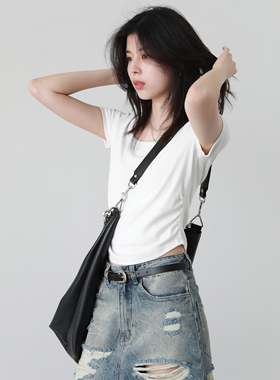 CV大码女装 夏款方领抽褶收腰短袖T恤修身正肩优可丝显瘦上衣胖mm