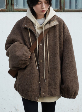 CV大码女装 运动休闲街头立领仿羊羔毛宽松毛绒外套夹克冬季胖mm