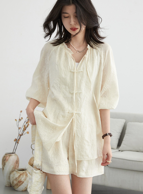 CV大码女装 2026夏季新款新中式天丝刺绣衬衫松紧高腰短裤套装女