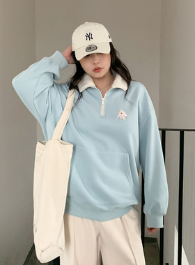 CV大码女装 冬拼接立领加绒小狗套头卫衣袋鼠兜奥粒绒上衣胖MM女