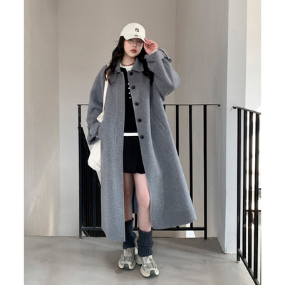 翻领长款毛呢外套羊毛双面呢大衣