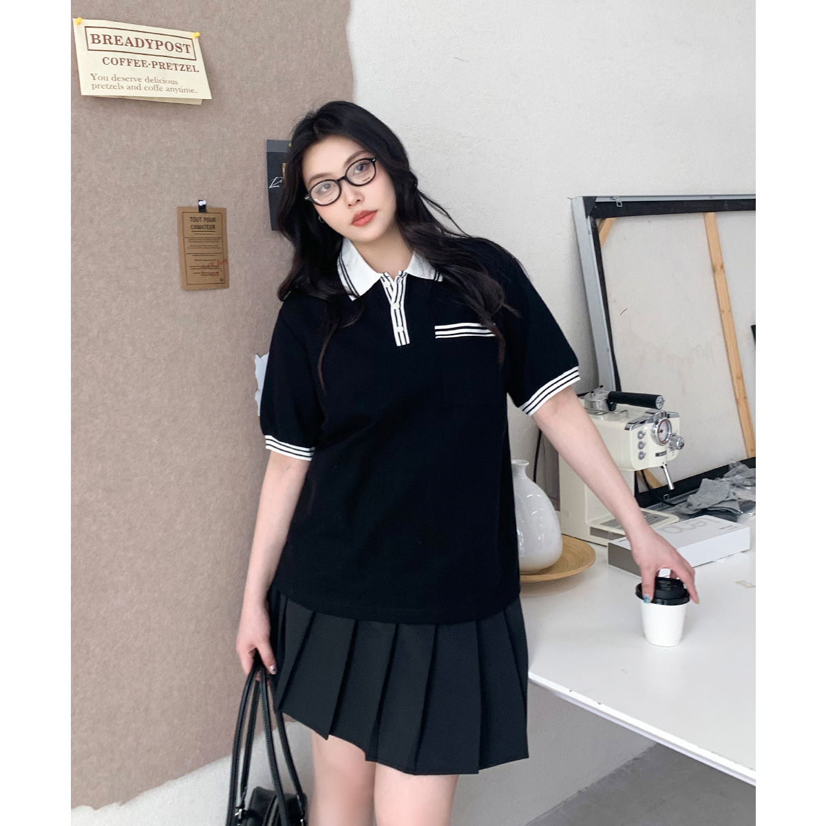 CV大码女装 学院风复古撞色翻领宽松polo衫短袖t恤上衣女夏季新款