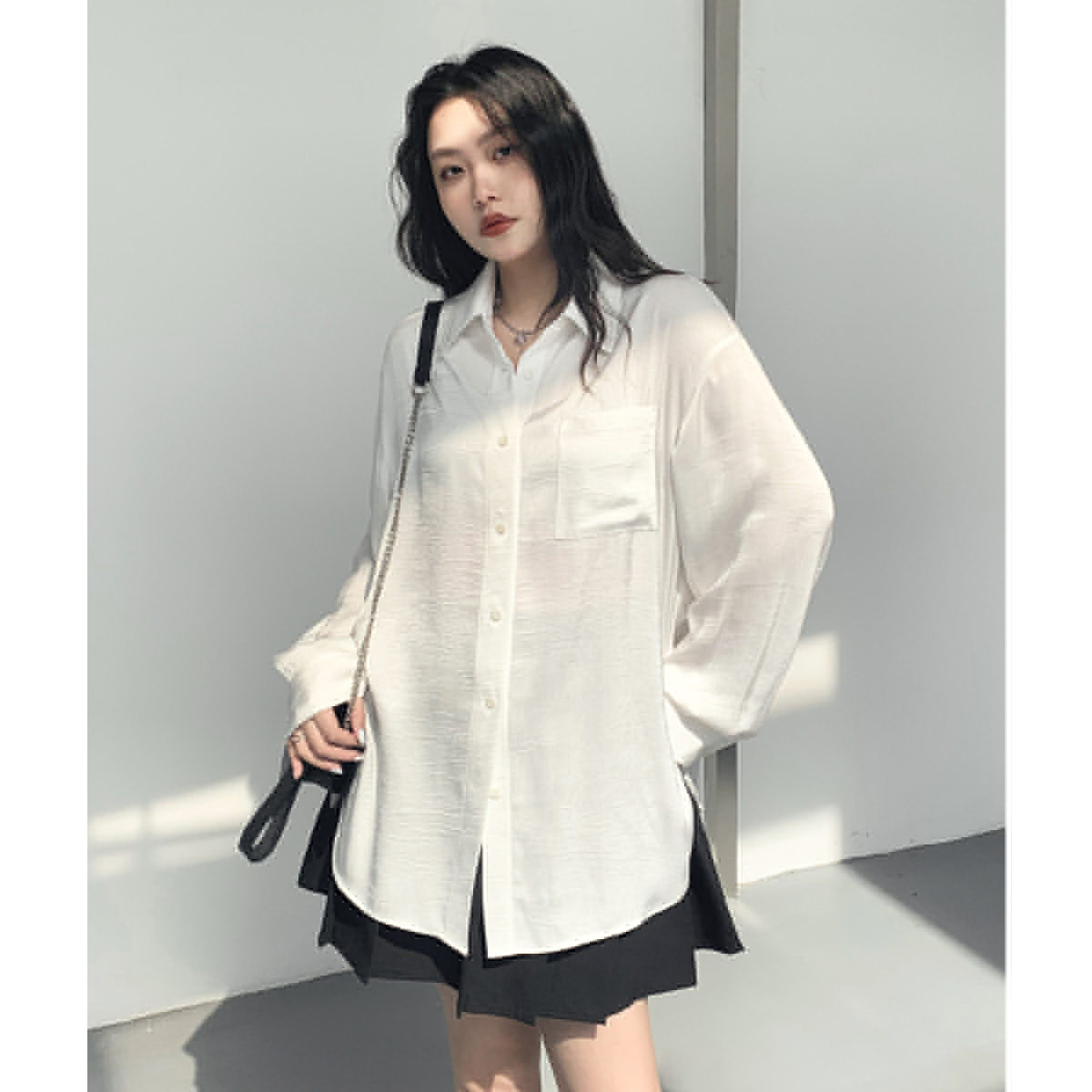 CV大码女装 秋季新款肌理感中长款衬衫女侧开叉宽松长袖衬衣胖MM