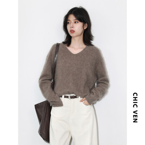 CV大码V领羊毛针织衫女宽松