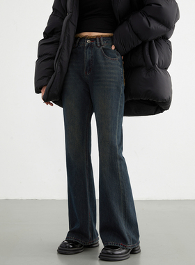 CV大码女装秋季新品复古高腰毛边微喇牛仔裤女显瘦拖地裤微胖穿搭