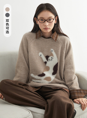 CV大码女装冬季新品圆领针织猫咪减龄羊毛毛衣保暖毛针织衫女胖mm