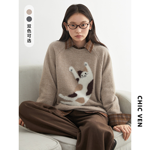 圆领针织猫咪减龄羊毛毛衣保暖毛针织衫 CV大码 新品 冬季 女胖mm 女装