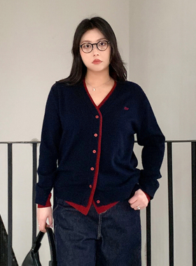 CV大码女装 冬微胖穿搭V领撞色假两件羊毛针织开衫百搭毛衣小衫女