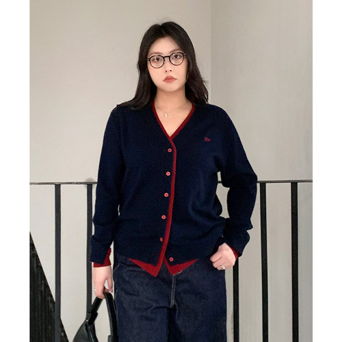 CV大码女装 冬微胖穿搭V领撞色假两件羊毛针织开衫百搭毛衣小衫女