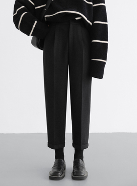 CV大码女装 休闲显瘦重磅醋酸羊毛烟管裤翻边锥形九分西装裤胖mm