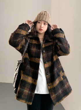 CV大码女装 冬季新款复古翻领格纹羊毛美拉德毛呢外套女微胖穿搭