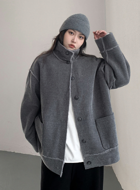 CV大码女装 秋冬季复古设计感宽松立领长袖毛绒外套中长款夹克女