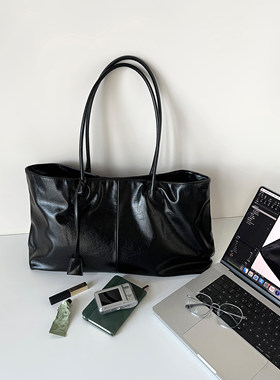 CHIC VEN 2026新款大容量通勤包包亮面黑色手拎包软皮托特包女潮