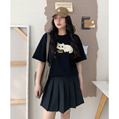 趣味猫咪毛巾绣短袖 CV大码 女装 T恤索罗娜吸湿速干凉感上衣女胖mm