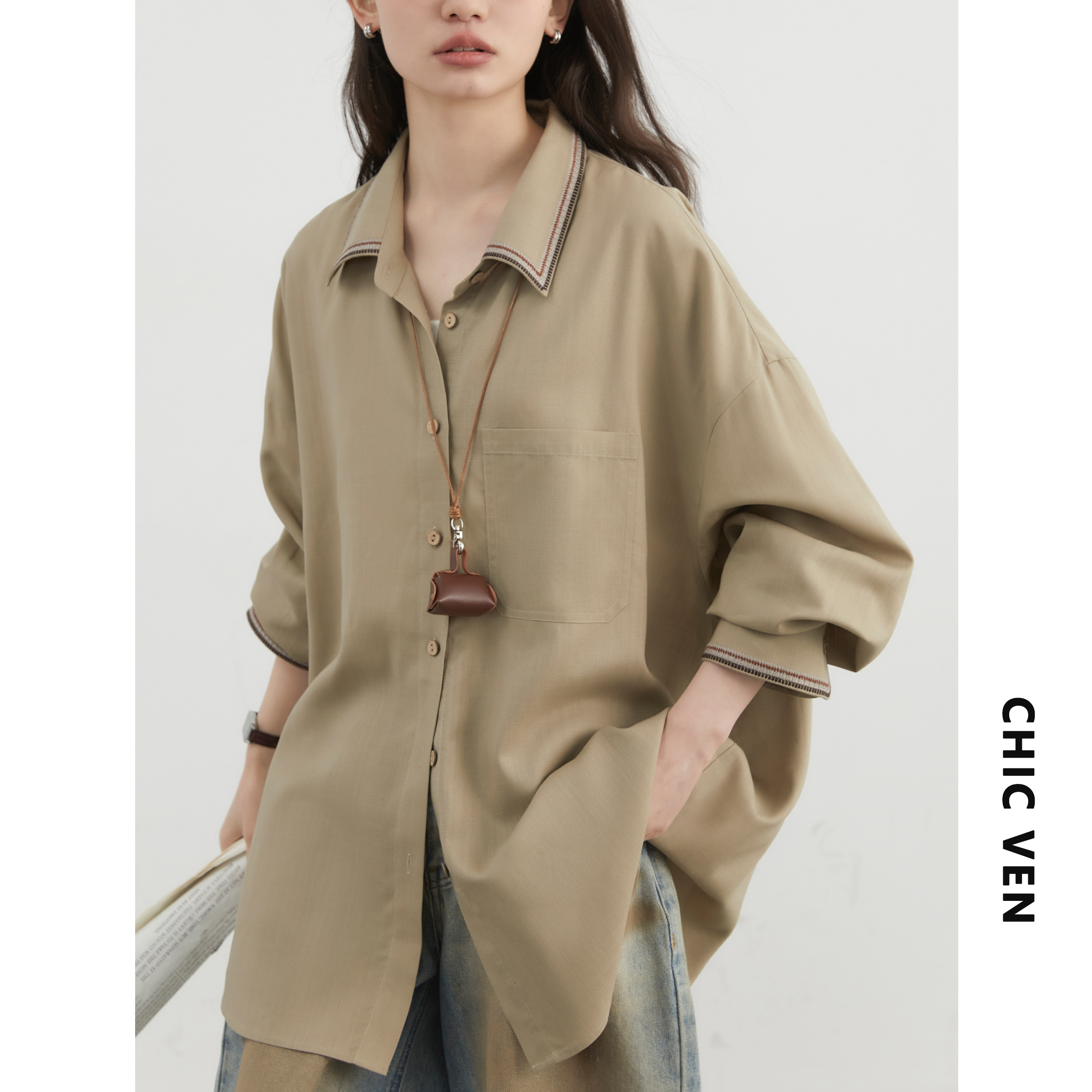 CV大码女装天丝仿麻刺绣衬衫胖MM