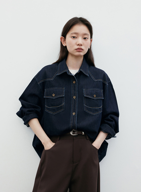 CV大码女装冬季新品复古廓形翻领贴袋蓝色磨毛牛仔长袖衬衫女胖mm