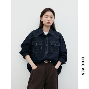 衬衫 CV大码 女胖mm 复古廓形翻领贴袋蓝色磨毛牛仔长袖 新品 女装 冬季