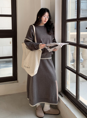CV大码女装 2025冬季新款慵懒感圆领撞色边毛衣针织半身裙套装女