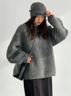 CV大码女装 简约肌理感宽松圆领羊毛套头加厚毛衣冬新款显瘦胖mm