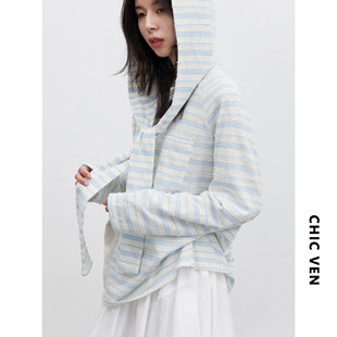 圆领条纹长袖 2026春新款 T恤帽兜披肩慵懒感上衣女 女装 chicven大码