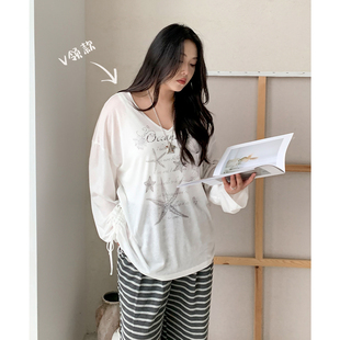 莱赛尔圆领V领原创海星印花烫钻长袖 CV大码 新款 春季 T恤女胖mm 女装