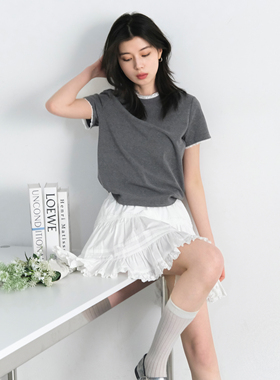 CV大码女装 夏季新款简约花边拼接短袖T恤正肩灰色休闲上衣女胖mm