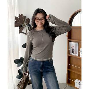 T恤修身 CV大码 简约撞色缝线打底衫 秋冬新款 弹力内搭上衣女 女装
