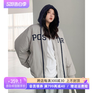 新品 CV大码 女装 冬季 BF风假两件连帽刺绣棉服棒球服外套胖MM显瘦