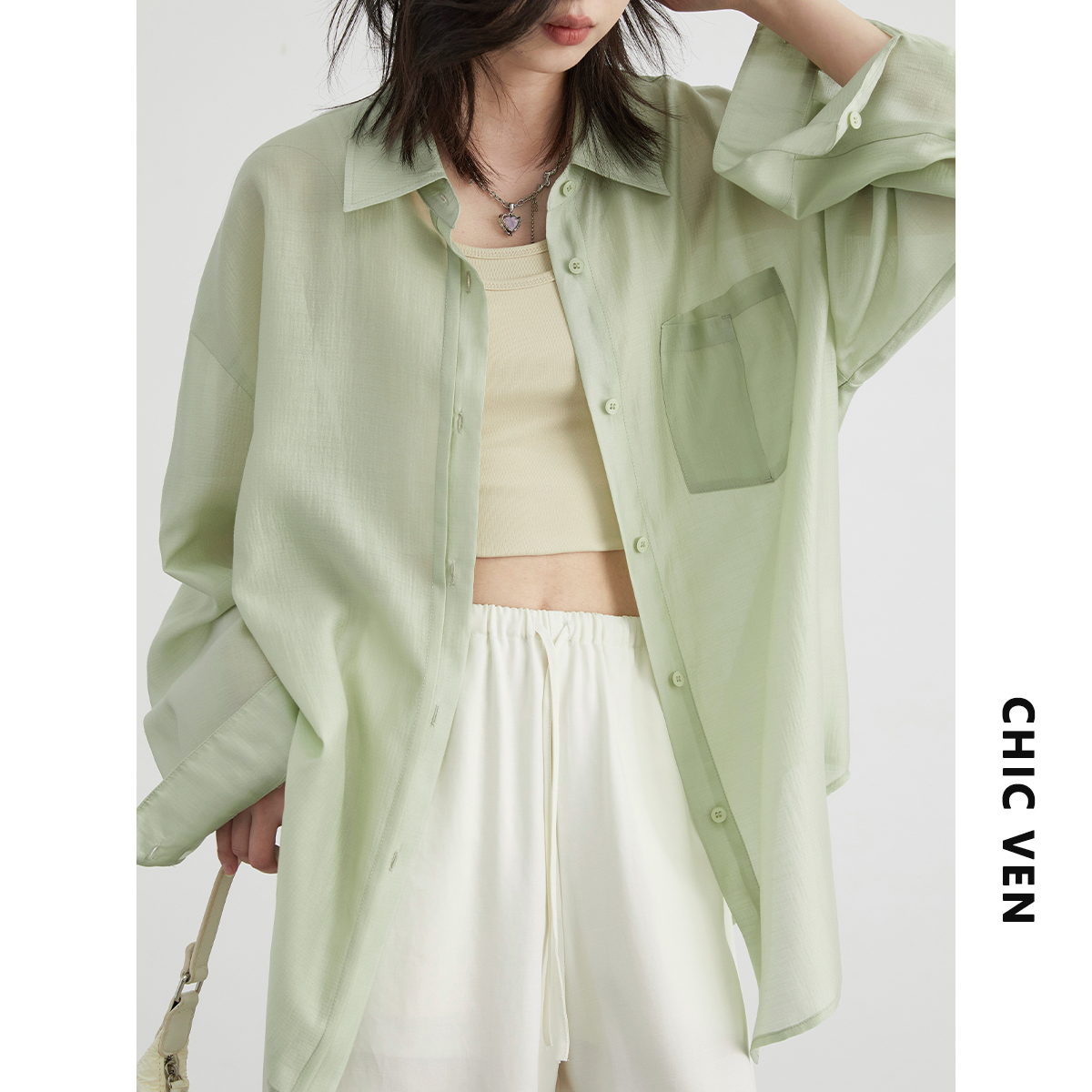 CV大码女装 2025夏季新款韩版天丝翻领轻薄长袖衬衫宽松落肩衬衣