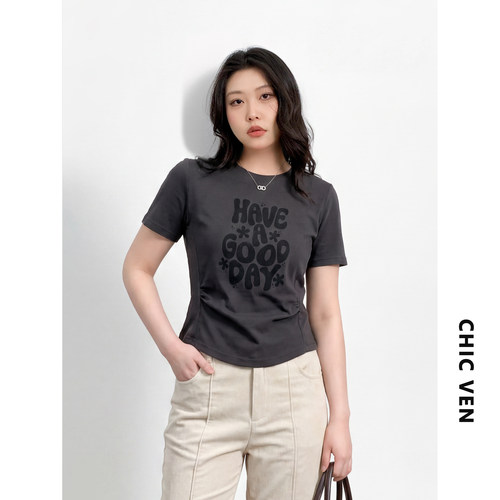 字母印花腰部抽褶收腰显瘦T恤女