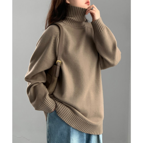 CV大码女装 简约chic高领宽松插肩袖纯色套头毛衣冬季中长款胖mm