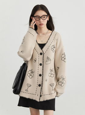 CV大码女装 2026春季新款韩版V领撞色刺绣毛衣外套重工针织开衫女