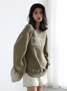 CV大码女装 街头休闲宽松圆领字母胶带印花双面棉长袖卫衣外套女