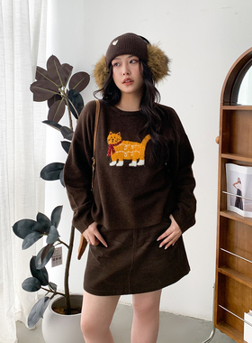 CV大码女装 初冬新款圆领卡通猫咪羊毛针织毛衣骆驼绒叠穿上衣女